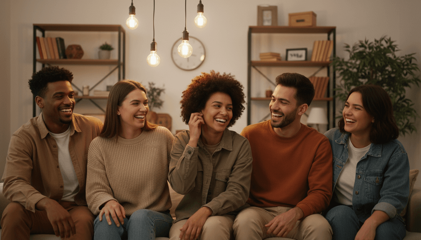 Group of friends celebrating at a gathering, one showing off a new piercing