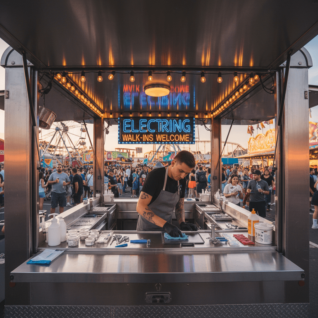 Mobile piercing setup at a fair with carnival atmosphere