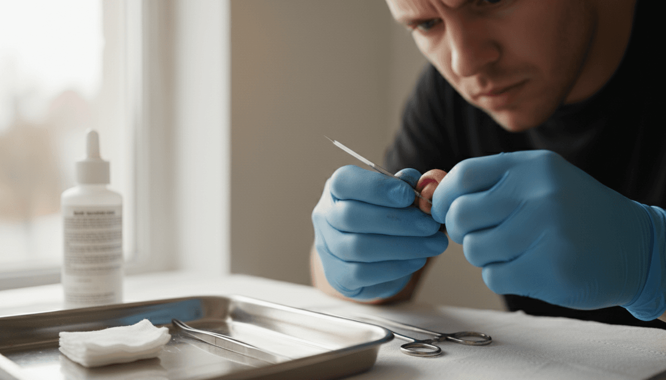 Close-up of licensed piercer performing a body piercing with sterile technique