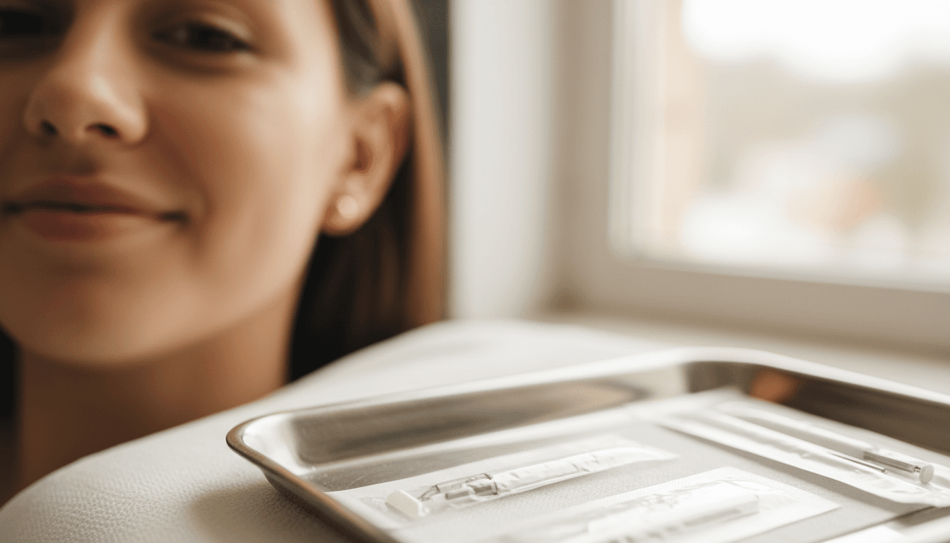 Newly placed gold earring immediately after professional piercing