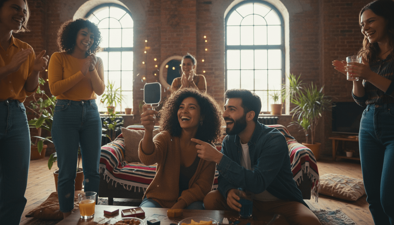 Friends celebrating a fresh piercing at a spontaneous gathering