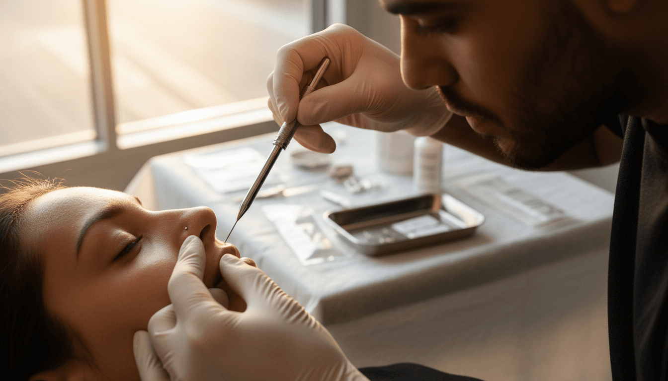 Professional piercer performing nostril piercing with precision and care