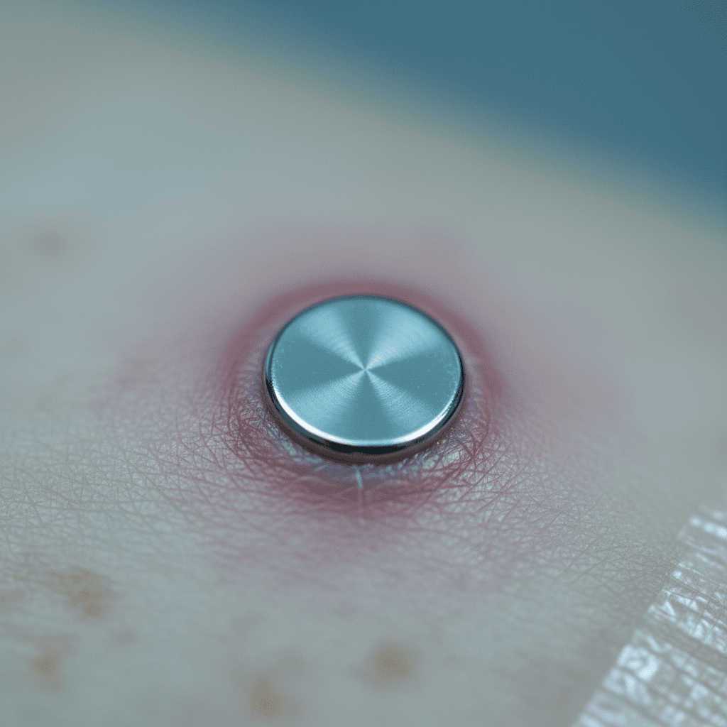 Close-up detail of a freshly placed dermal anchor piercing on clean skin