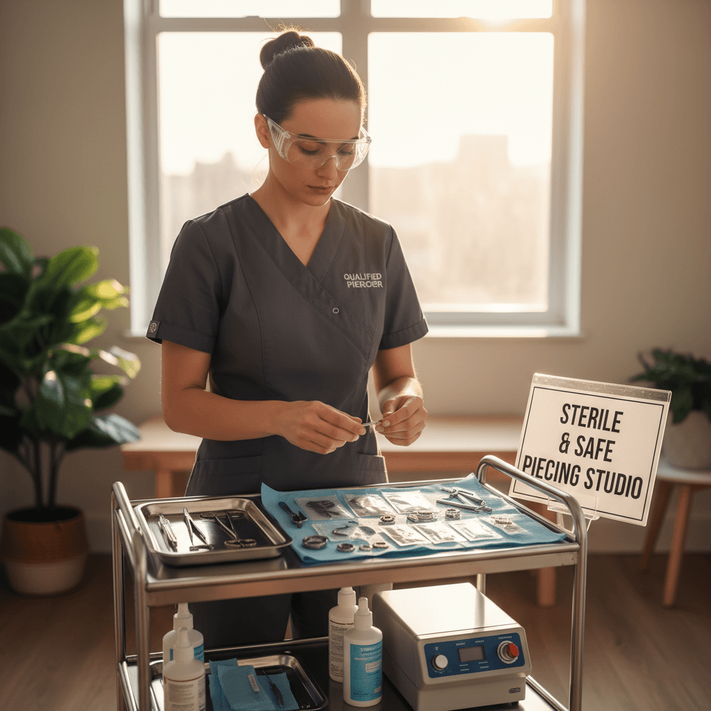 Licensed piercer Christina organizing and preparing a clean mobile piercing workspace