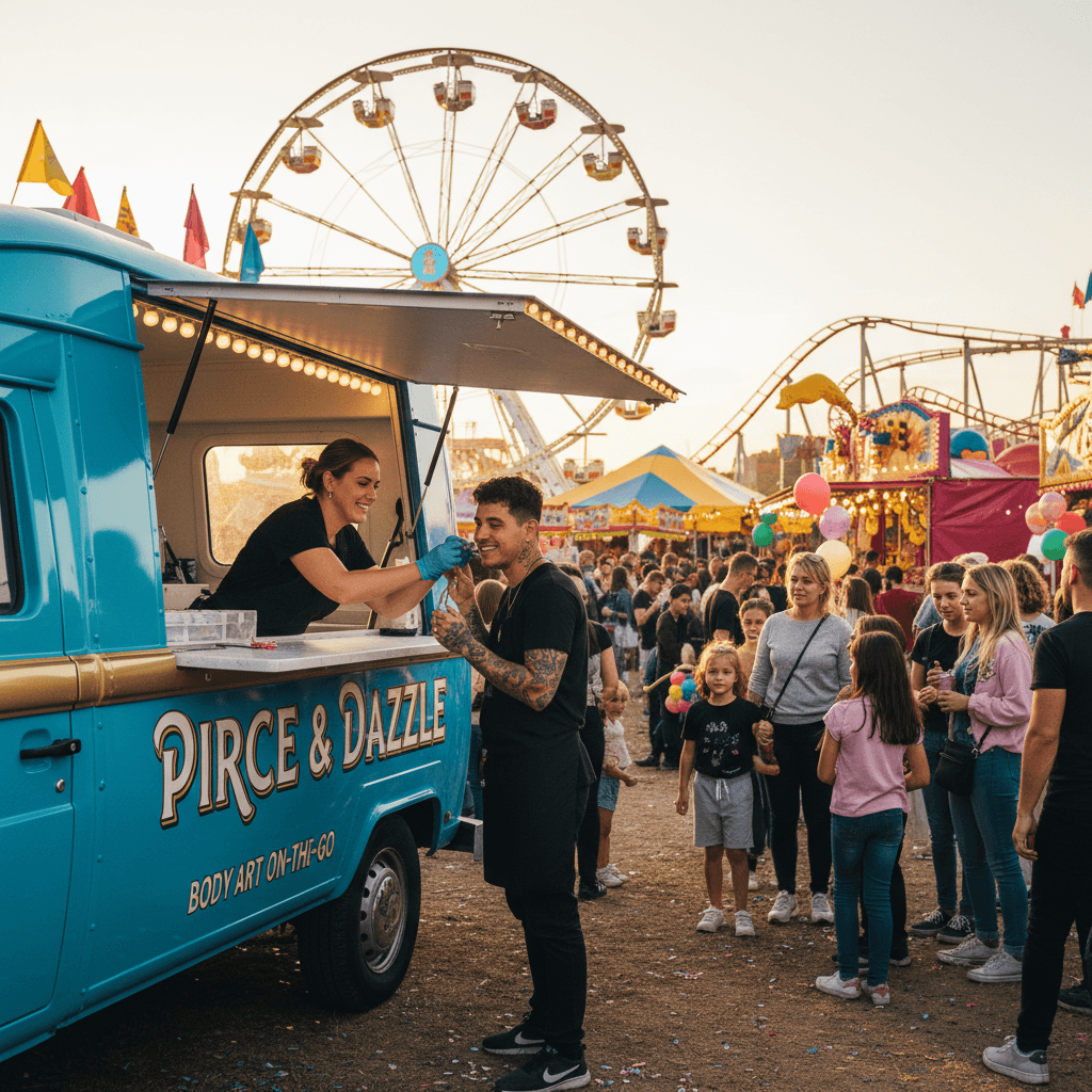 Mobile piercing station set up outside a carnival or fair with activities in the background