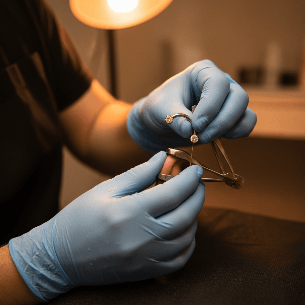 Professional body piercer performing a piercing with precision equipment