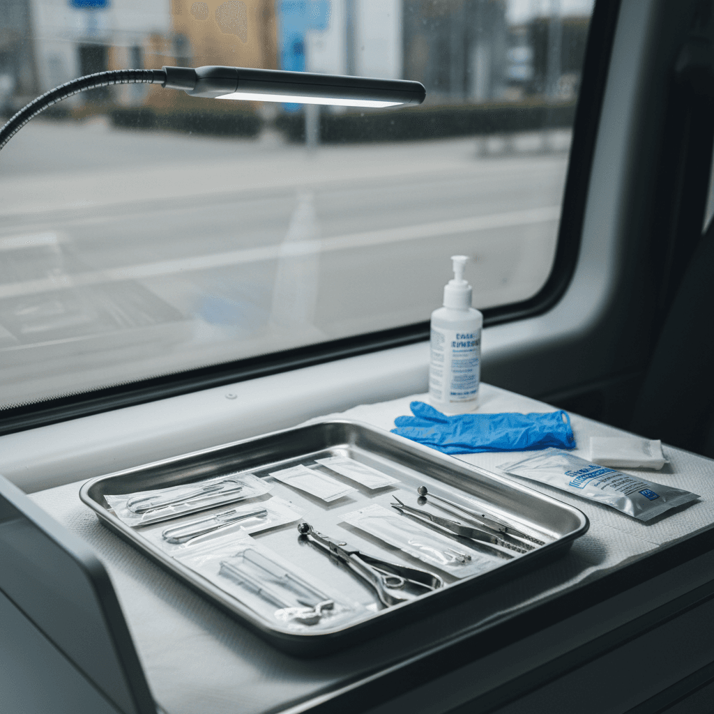 Clean mobile piercing workspace with sterile equipment