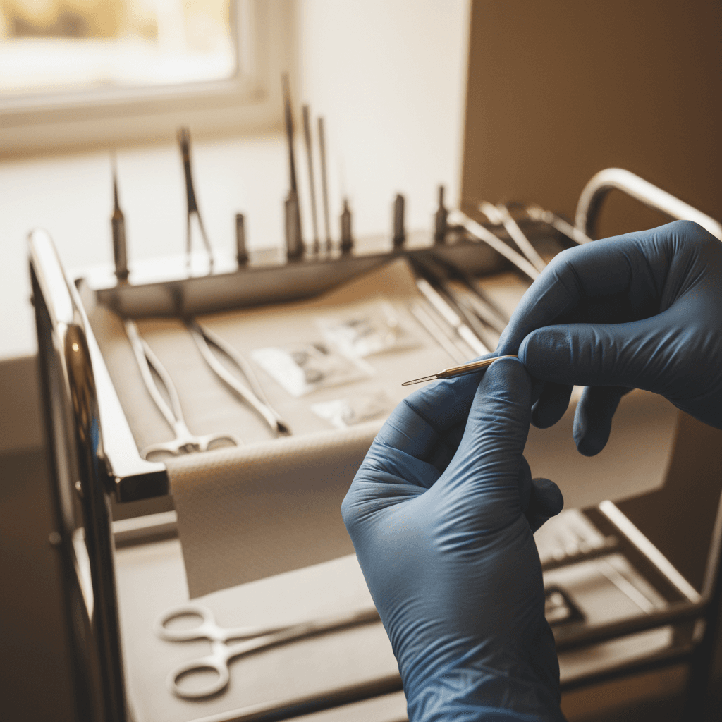 Professional piercer positioning needle with precision during a piercing procedure