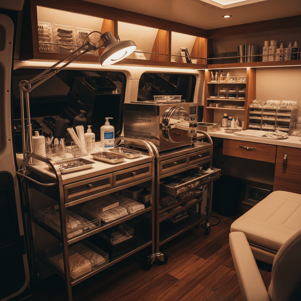 Professional mobile piercing workspace setup with organized equipment
